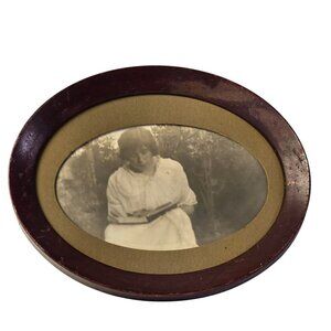 Vintage Sepia Photo Woman Reading Book Outdoors Oval Portrait Early 20th Century